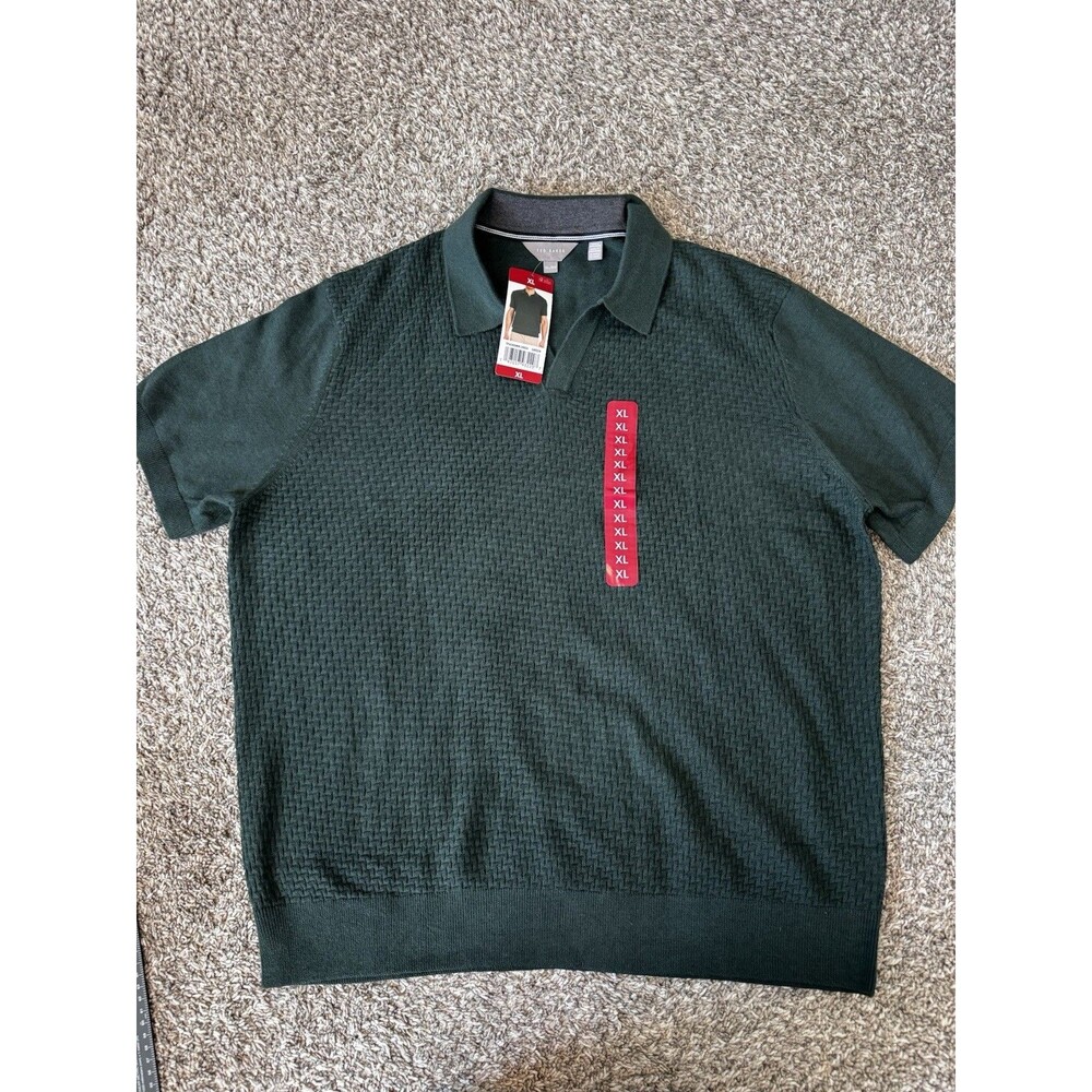 Ted Baker Mens XL Sweater Polo Green Textured Knit Wool Blend Short Sleeve NWT